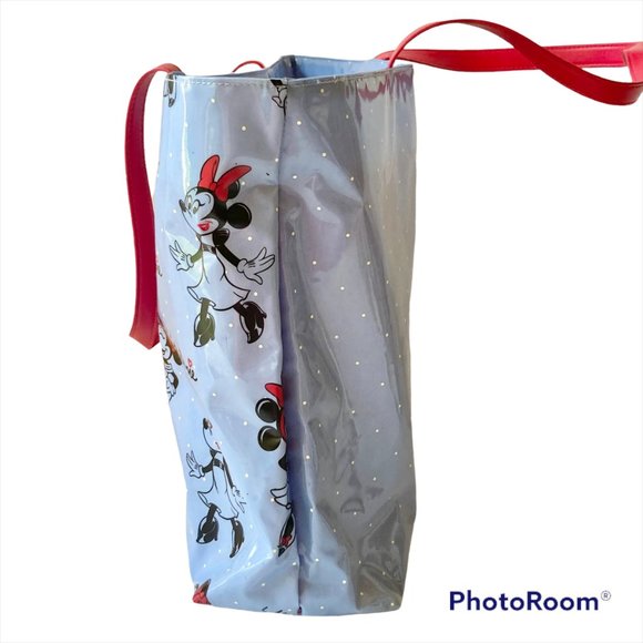 Disney Parks Minnie Mouse Large Vinyl Tote Bag Shopper Purse Blue Polka Dots Red - Picture 3 of 11